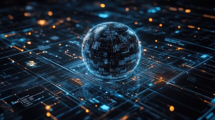 Poster - Futuristic Digital Sphere Surrounded by Data Grids and Glowing Lights, Representing Technology and Global Connectivity in a High-Tech Environment