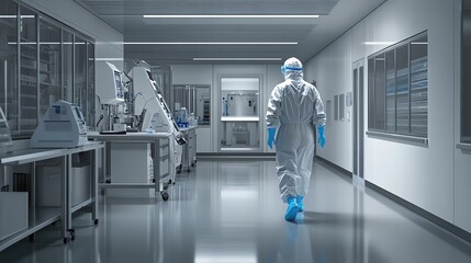 Poster - A person in protective gear walks through a clean, modern laboratory corridor.