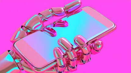 Poster - Futuristic Robotic Hand Holding Smartphone Against a Vibrant Pink Background, Showcasing Technology and Innovation in Communication and Interaction