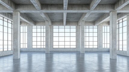 Poster - Spacious and Bright Modern Industrial Interior with Large Tall Windows and Concrete Columns Ideal for Creative Workspaces or Contemporary Design Projects
