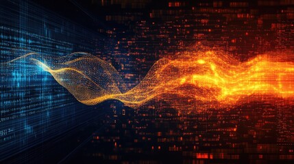 Poster - Abstract Data Stream Flow with Blue and Orange Light Effects Representing Digital Transformation and Information Exchange in a Futuristic Environment
