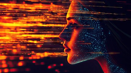 Poster - Abstract Profile of a Woman with Digital Effects and Glowing Particles Representing Technology, Innovation, and Futuristic Concepts in Portrait Fashion