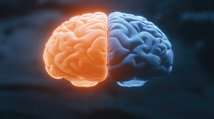 Poster - Stunning Abstract Representation of a Human Brain Split into Two Halves, One Orange and One Blue, Symbolizing Logic and Creativity in a Dark Background