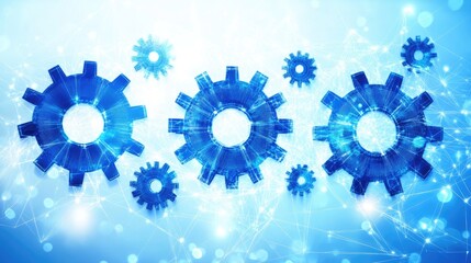 Poster - Abstract Illustration of Blue Gears in a Digital Technology Environment with Connected Lines and Bright Background, Symbolizing Innovation and Engineering Concepts