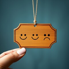 Poster - Wooden Label Featuring Happy, Neutral, and Sad Face Icons for Experience Survey Services to Assess Customer Feedback and Satisfaction Ratings in Reviews