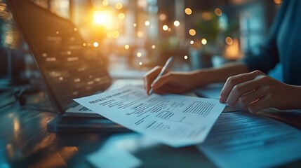 Aufkleber - A person reviewing documents with a laptop in a warm, illuminated workspace.