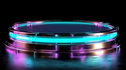 Poster - A futuristic display platform with glowing neon accents against a dark background.
