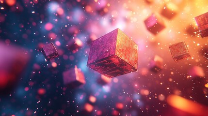 Poster - Abstract depiction of floating cubes in a vibrant cosmic background.