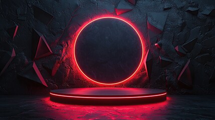 Poster - A modern display featuring a glowing circular neon light against a textured wall.