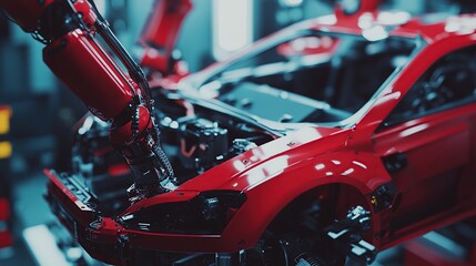 Poster - A robotic arm assembling a red car in a modern manufacturing facility.
