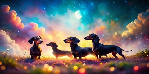 Poster - Surreal Dachshund Dog Silhouettes Against a Dreamlike Landscape with Vivid Colors and Abstract Shapes Featuring Whimsical Elements and Soft Focus Techniques