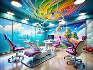 Poster - Surreal Dental Office Waiting Room with Floating Chairs and Dreamlike Elements, Combining Bright Colors and Unusual Perspectives for an Enigmatic Atmosphere