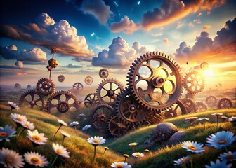 Poster - Surreal Depiction of Interconnected Metal Gears in a Dreamlike Landscape with Enigmatic Lighting and Whimsical Elements, Creating a Mystical and Intriguing Atmosphere