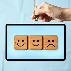 Poster - Wooden Label Featuring Happy, Neutral, and Sad Face Icons for Experience Survey Services and Product Review Concepts, Ideal for Customer Feedback and Satisfaction Ratings