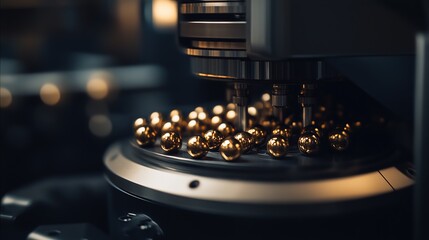 Poster - A close-up of a precision machine processing metallic spheres in an industrial setting.