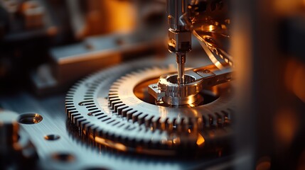 Poster - Close-up of intricate machinery with precision components in a warm-lit environment.