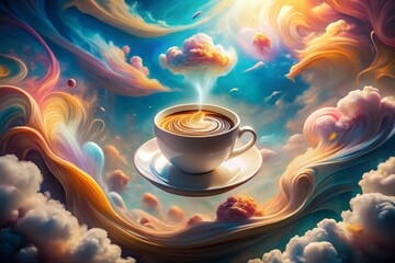 Poster - Surreal Dreamscape of a Floating Cup of Coffee with Milk Surrounded by Whimsical Clouds and Colorful Swirls, Evoking a Sense of Tranquility and Imagination in a Unique Setting