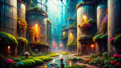Poster - Surreal Dreamscape of a Grain Silo Interior with Floating Objects and Ethereal Lighting, Blending Nature and Architecture in an Enigmatic Atmosphere