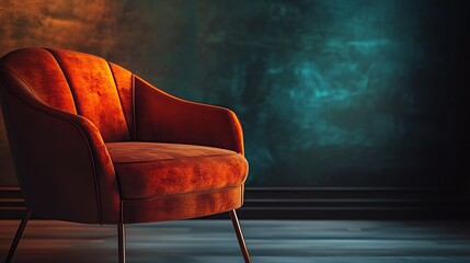 Poster - A stylish orange armchair set against a textured blue background, evoking comfort.