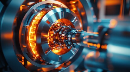 Poster - A close-up of a futuristic machine component with glowing elements and intricate design.