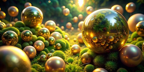 Poster - Surreal Fusion of Golden Spheres and Fuzzy Orbs Amidst Lush Greenery Creating a Dreamlike Abstract Art Background for Architectural Photography