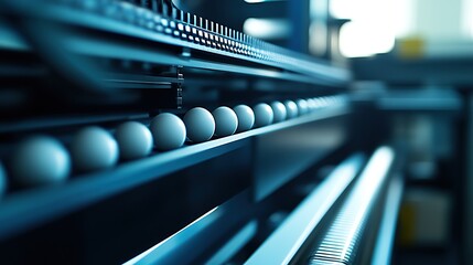 Poster - A close-up view of a conveyor system with evenly spaced white balls.