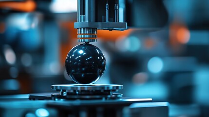 Poster - A robotic arm delicately holds a black sphere in a high-tech industrial setting.