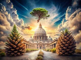 Poster - Surreal Interpretation of the Vatican Pine Cone Surrounded by Dreamlike Landscapes and Ethereal Elements, Blending Nature and Architecture in a Captivating Scene