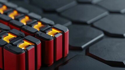 Poster - Electric vehicle battery recycling. A close-up view of a futuristic, hexagonal-patterned surface with glowing red and yellow elements, suggesting advanced technology or energy sources.
