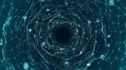 Poster - Motion graphic of Blue icon and line mesh connection tunnel with polygonal technology abstract background