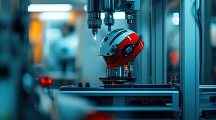 Poster - A robotic arm assembling a futuristic helmet in a high-tech manufacturing environment.