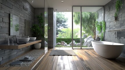 Poster - A modern bathroom with a large window and a tub, perfect for relaxing after a long day