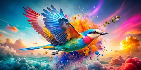 Poster - Surreal Media Bird Logo Design Concept with Abstract Elements, Vivid Colors, and Dreamy Background for Creative Branding and Marketing Inspiration