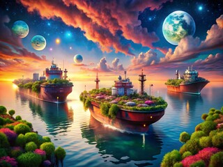 Poster - Surreal Oil Ships Navigating a Dreamlike Ocean Under a Neon Sky with Floating Islands and Whimsical Clouds
