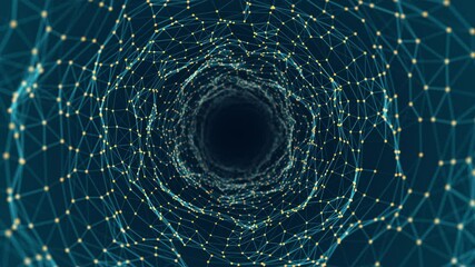 Poster - Motion graphic of Blue orange dot and line mesh connection tunnel with polygonal technology abstract background