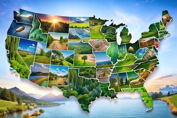 Poster - Surreal Representation of the American Map with Each State Formed by Unique Natural Landscapes and Abstract Elements, Blending Reality and Imagination in a Dreamlike Scene