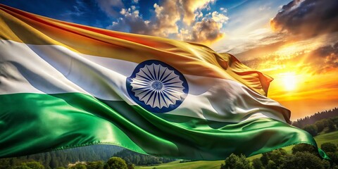 Poster - Surreal Representation of the Indian Flag in Silky Textures, Emphasizing Vibrant Colors and Dreamlike Elements, Capturing the Essence of National Pride and Cultural Heritage