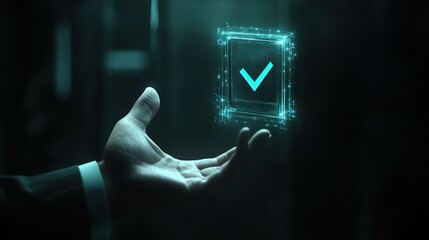 Poster - A hand holds a glowing checkmark symbolizing approval or confirmation.