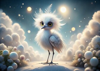 Poster - Surreal Scene of a Fluffy White Bird with Big Eyes Standing on a White Surface, Capturing the Essence of Whimsy and Imagination in Photography