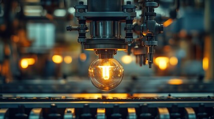 Poster - A glowing light bulb in an industrial setting, showcasing machinery and technology.