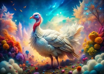 Poster - Surreal Scene of a White Broad Breasted Turkey Majestically Roaming Through an Ethereal Landscape with Dreamlike Colors and Unusual Perspectives