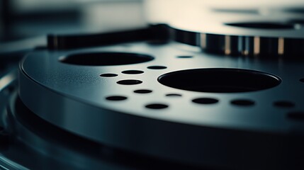 Poster - Close-up of a metallic disc with circular cutouts, likely part of industrial machinery.