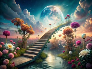 Poster - Surreal Step Pictures: A Dreamlike Journey Through a World of Floating Stairs, Whimsical Paths, and Ethereal Landscapes Blurring the Line Between Reality and Imagination