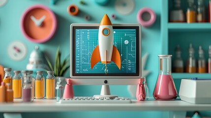 Poster - A colorful workspace featuring a rocket on a computer screen, surrounded by laboratory equipment.