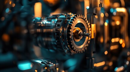 Poster - Close-up of a mechanical gear system showcasing intricate engineering details.