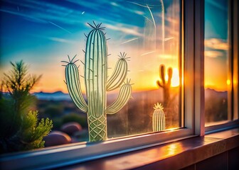 Poster - Surreal Window Scene Featuring a Single Line Cactus Silhouette with Dreamy Background and Soft Lighting for Artistic Photography
