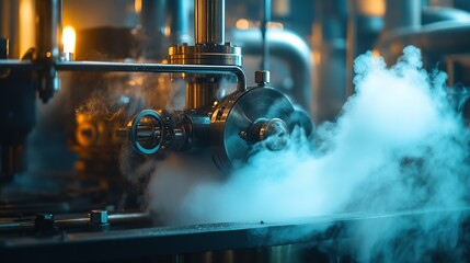 Poster - Close-up of industrial machinery with steam and pipes, showcasing engineering processes.