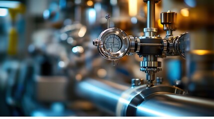 Poster - A close-up of a metallic pressure gauge on industrial piping, showcasing engineering precision.