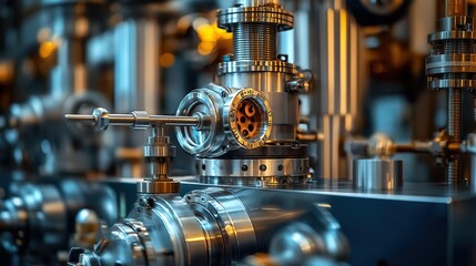 Poster - Close-up of industrial machinery showcasing intricate metal components and valves.