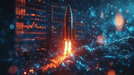 Poster - A digital rocket launching amidst vibrant data visualizations and glowing effects.